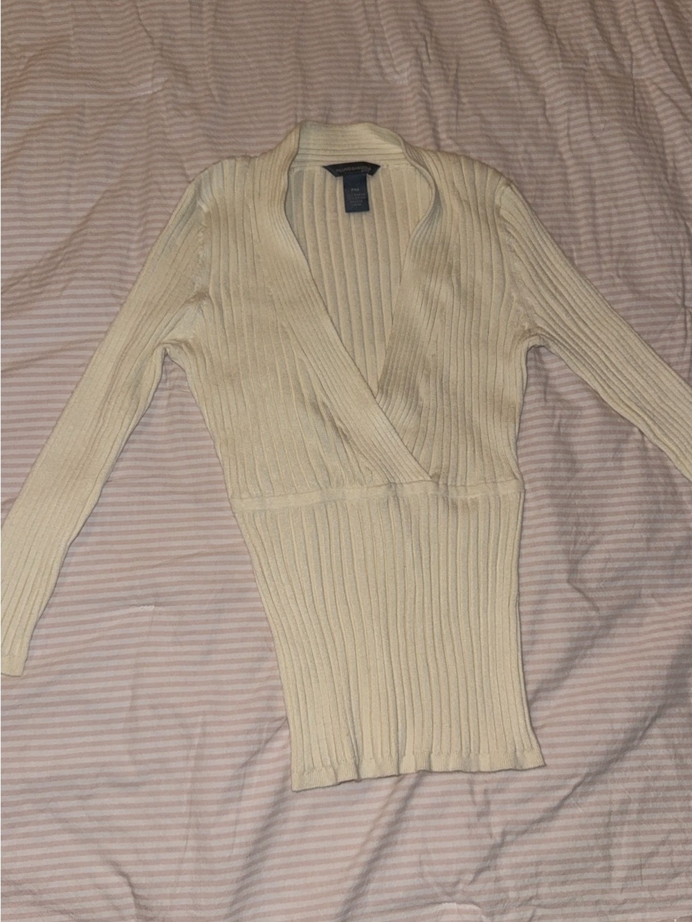Hillard & Hanson Ivory Rib-Knit V-Neck Long Sleeve Petite PM Pullover Sweater